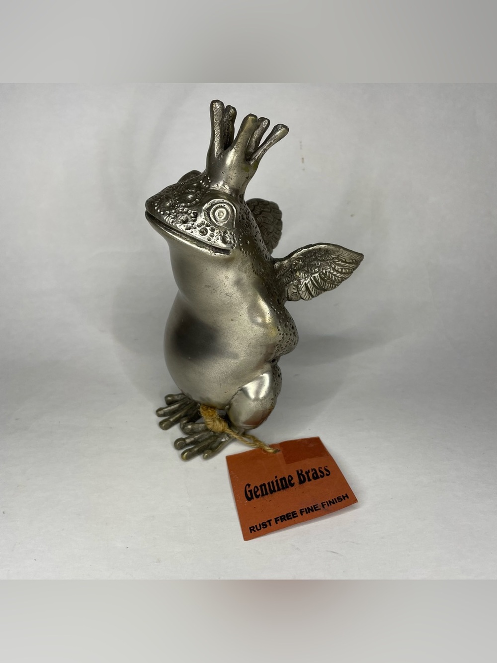 VTG Anthropomorphic Frog Prince Wings Crown Figurine Brass Whimsical Garden Luck